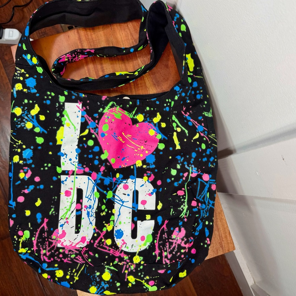 Funky Paint Splatter Love Heart‎ Black Canvas Shoulder Bag Rainbow READ